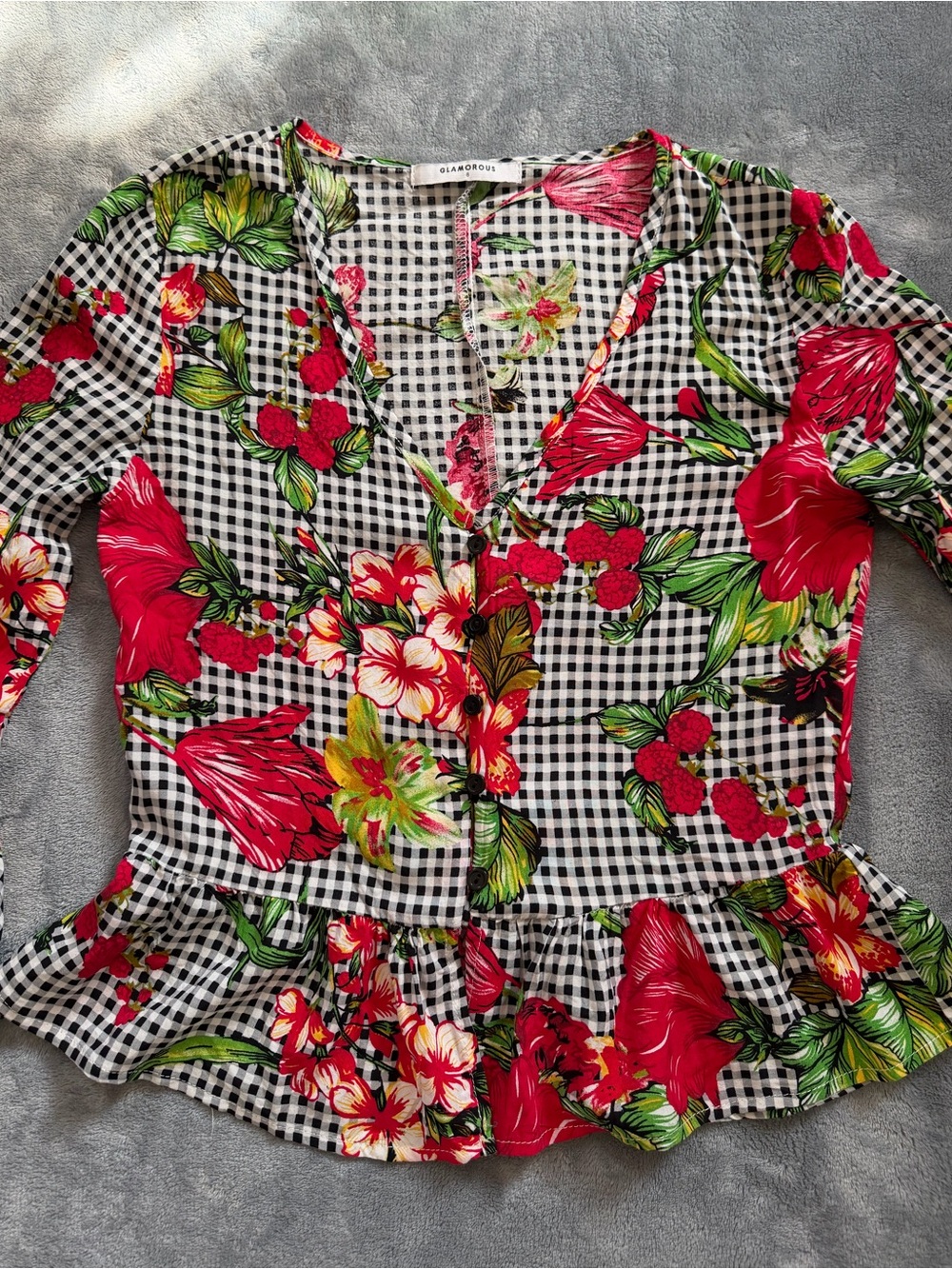 Black-and-White Gingham Blouse with Red Floral Print